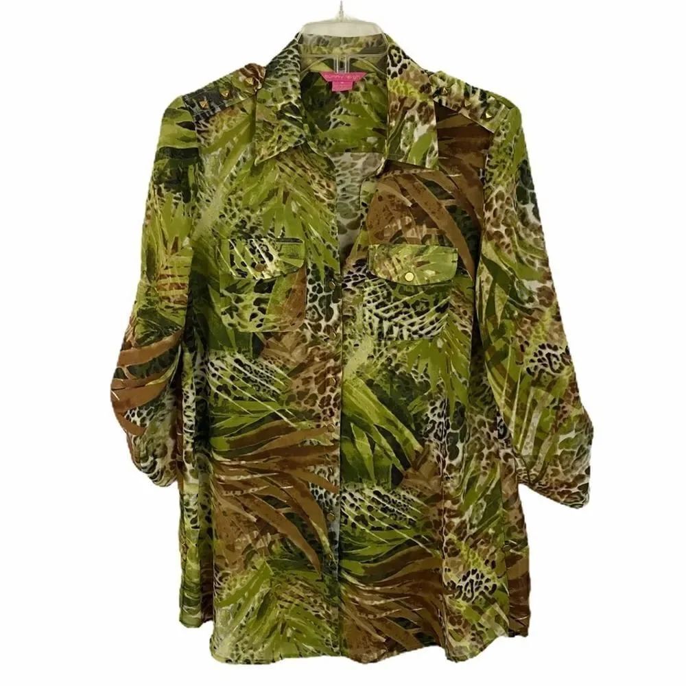 Sunny Leigh Safari Animal Print Graphic Button Down Sheer Blouse Size Medium